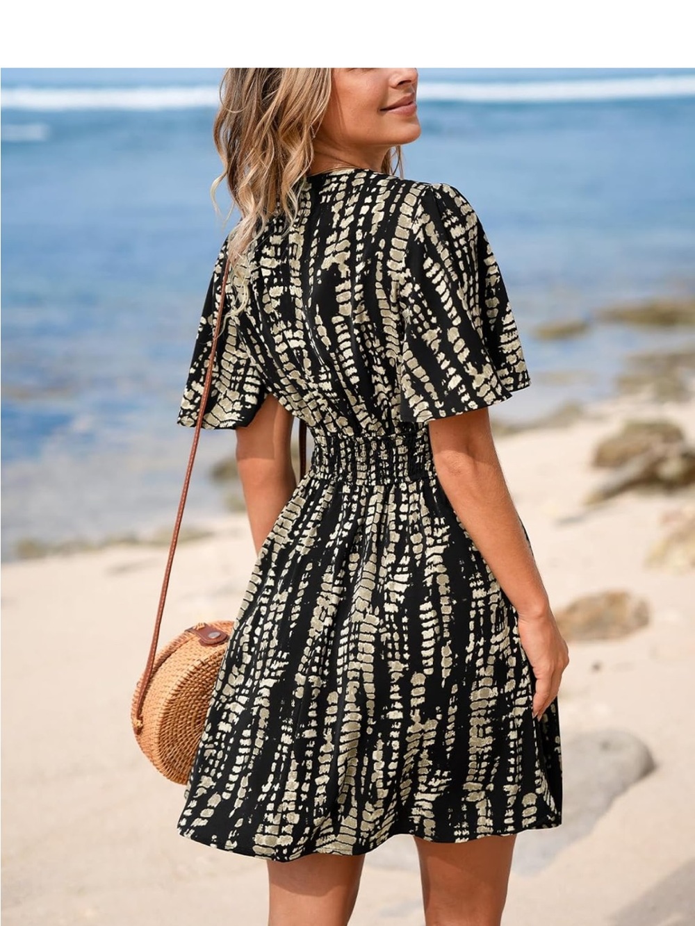 Cupshe Black & Beige Tie-Dye Smocked Waist Mini Dress